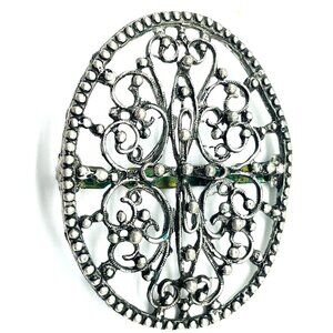 Vintage Belt Buckle Silver Tone Filigree Oval Western Scroll Design